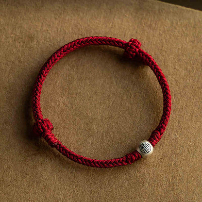 Buddhist Blessing Handmade String 925 Sterling Silver Fu Bead Braided Fortune Bracelet