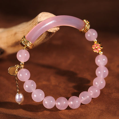 Buddhist Blessing Pink Crystal Blue Chalcedony Pearl Cuff Half Bracelet Bangle