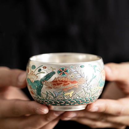 Buddhist Blessing Fish Lotus Seaweed Valley Mountains Pine Tree Dragon Teacup Kung Fu Tea Cup With Gift Box