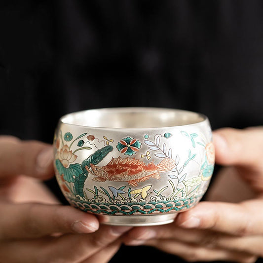 Buddhist Blessing Fish Lotus Seaweed Valley Mountains Pine Tree Dragon Teacup Kung Fu Tea Cup With Gift Box