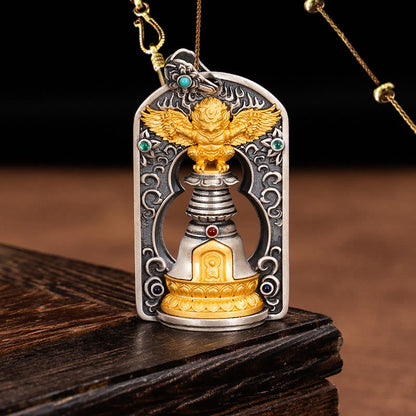 Buddhist Blessing 925 Sterling Silver Tibetan Garuda Bird Vajra Dorje Bell Protection Necklace Pendant