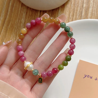 Buddhist Blessing Colorful Tourmaline Lucky Cat Positive Bracelet