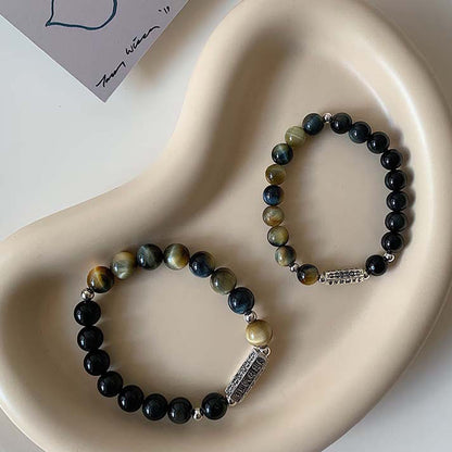 Buddhist Blessing Natural Black Obsidian Tiger's Eye Six True Words 'om Mani Padme Hum' Strength Love Bracelet
