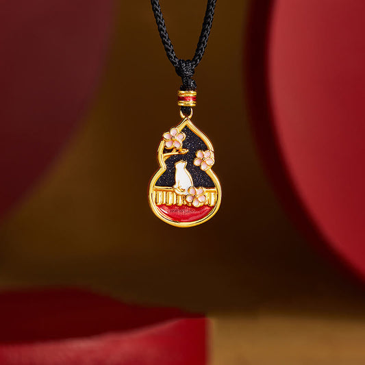 Buddhist Blessing 925 Sterling Silver Peach Blossom Cat Gourd Pattern Protection Necklace Pendant