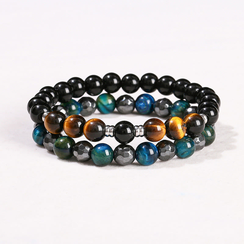 Buddhist Blessing 2Pcs Hematite Tiger Eye Blue Tiger Eye Powerful Bracelet Set