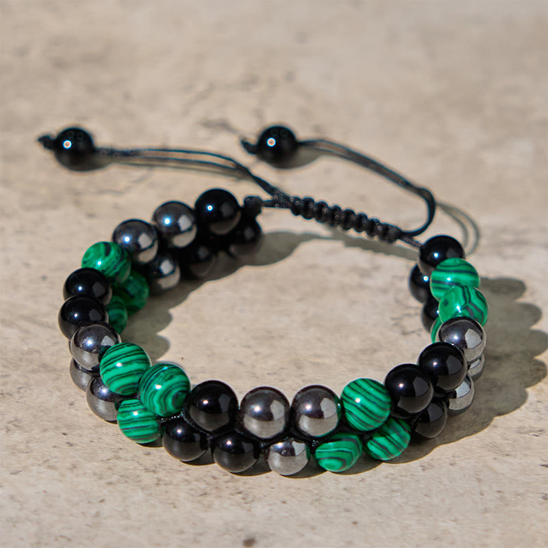 Buddhist Blessing Natural Malachite Black Magnetite Black Obsidian Double Row Beads Anti-Anxiety Bracelet