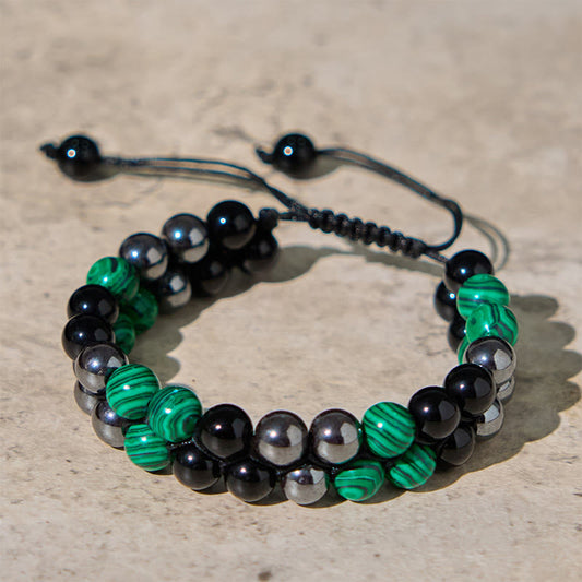 Buddhist Blessing Natural Malachite Black Magnetite Black Obsidian Double Row Beads Anti-Anxiety Bracelet