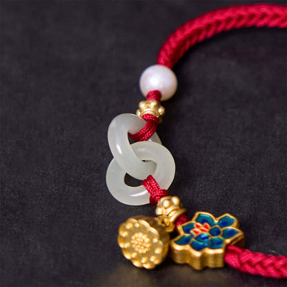 Buddhist Blessing Hetian Jade Lotus Peace Buckle Braided Rope Fortune Bracelet
