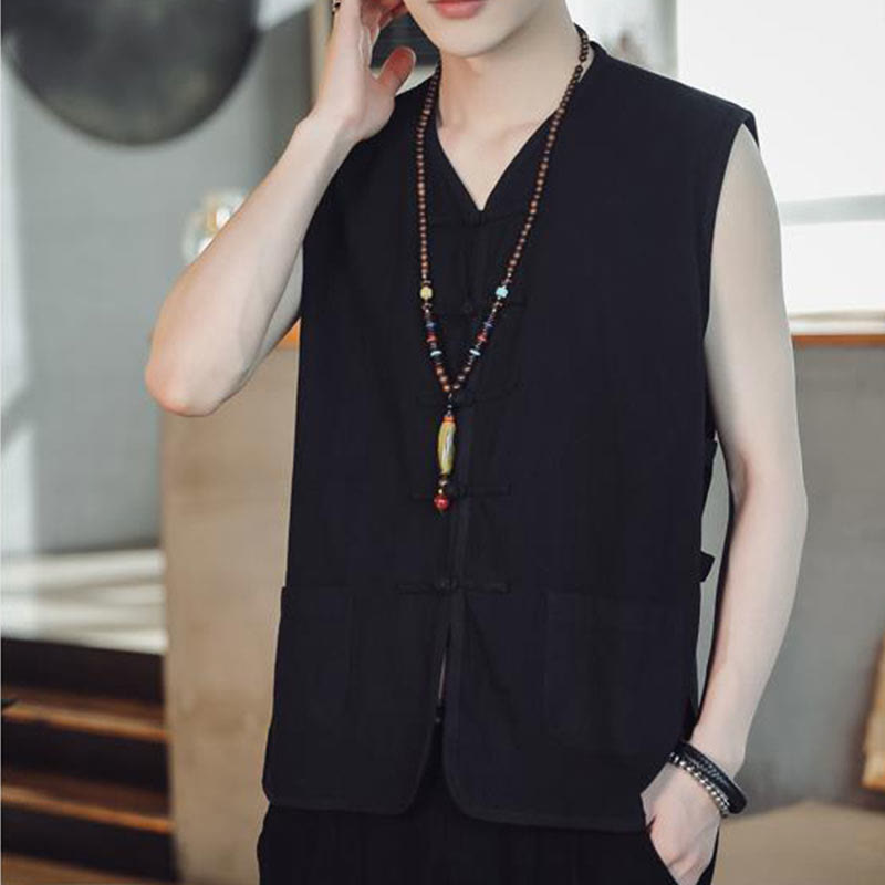 Buddhist Blessing Casual Chinese Frog-Button Men's Cotton Vest Waistcoat With Pockets