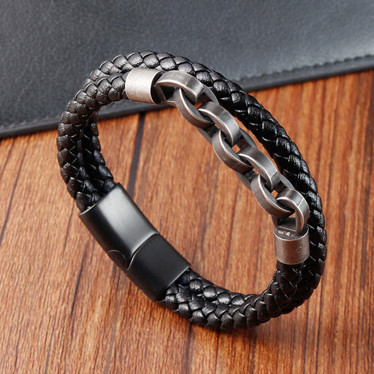 Buddhist Blessing Chain Design Titanium Steel Balance Leather Braided Buckle Bracelet