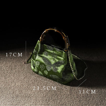 Buddhist Blessing Jacquard Flowers Butterfly Bamboo Handle Metal Chain Crossbody Bag Hangbags