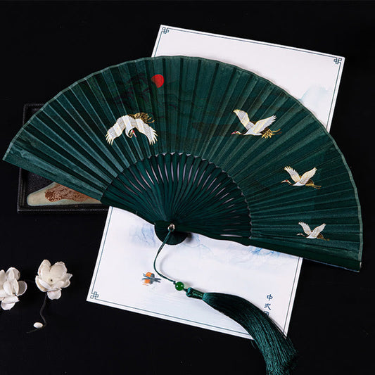 Buddhist Blessing Cranes Auspicious Clouds Solid Color Gradient Handheld Cotton Linen Fabric Bamboo Folding Fan