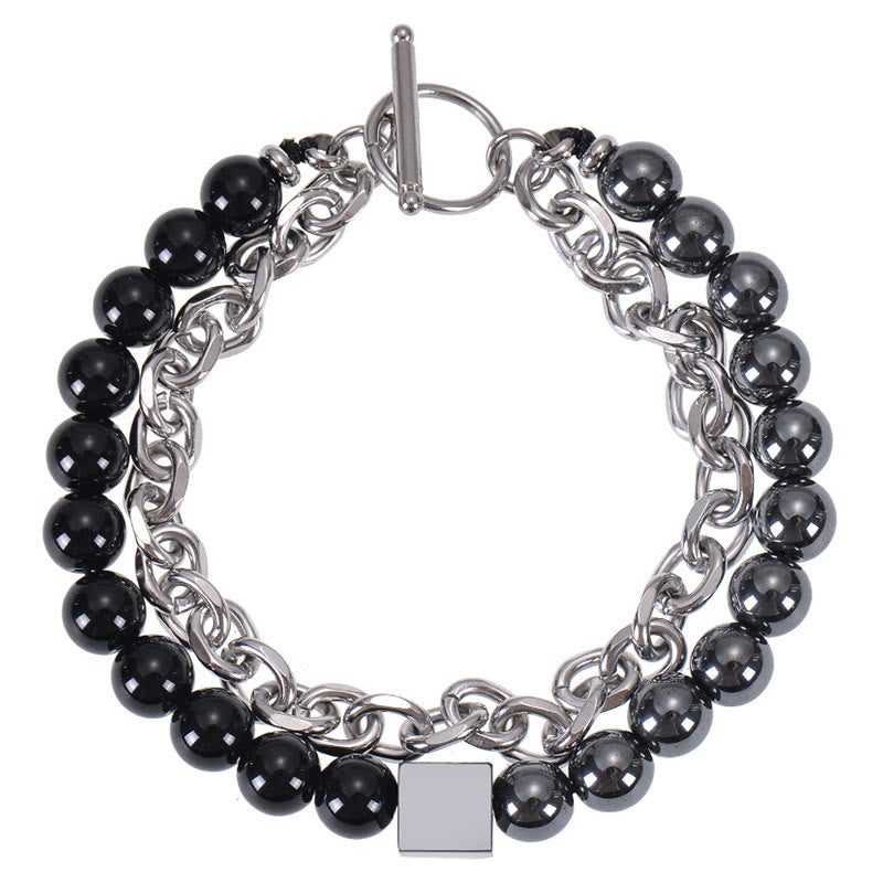 Buddhist Blessing Colorful Tiger Eye Frosted Stone Black Magnetite Titanium Steel Double Wrap Protection Bracelet