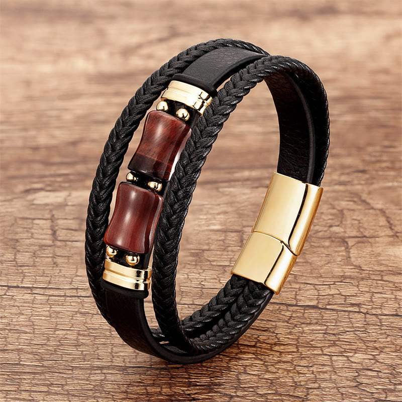 Buddhist Blessing Tiger Eye Bamboo Stone Integrity Courage Multi-layer Leather Bracelet