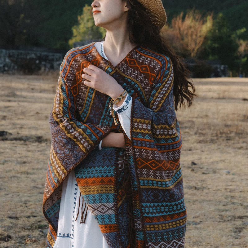 Buddhist Blessing Tibetan Geometric Horizontal Stripe Flower Leaf Tassels Shawl Fall Winter Cozy Scarf Wrap