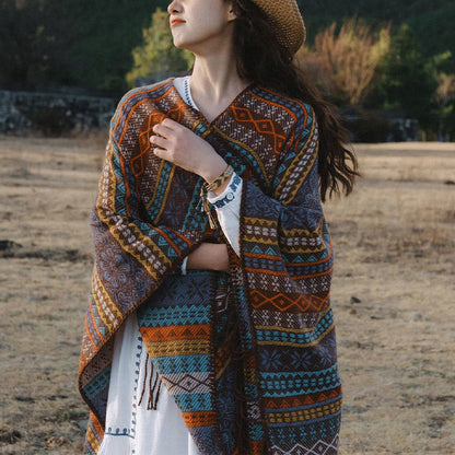 Buddhist Blessing Tibetan Geometric Horizontal Stripe Flower Leaf Tassels Shawl Fall Winter Cozy Scarf Wrap