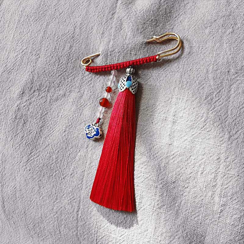 Buddhist Blessing Vintage Chalcedony Beads Tassels Positive Brooch