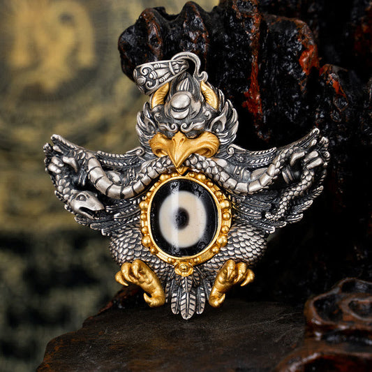 Buddhist Blessing 925 Sterling Silver Tibet Garuda Bird Dzi Bead Protection Necklace Pendant