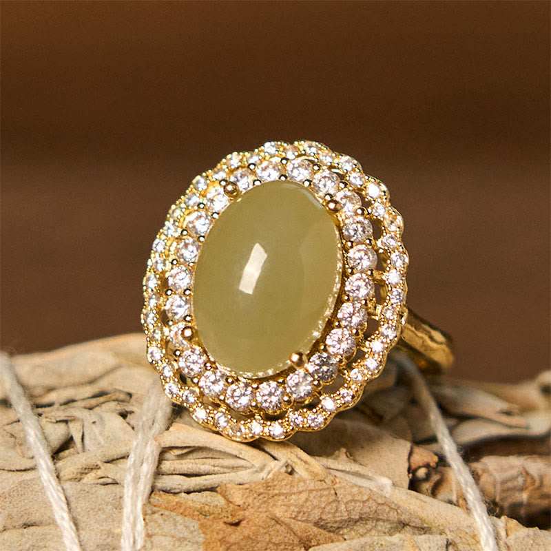Buddhist Blessing Natural Hetian Jade Egg Hollow Double Circle Zirconia Copper Open Abundance Ring