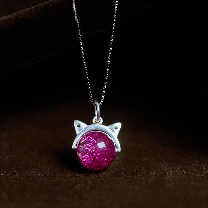 Buddhist Blessing 925 Sterling Silver Natural Deep Purple Fireworks Super Seven Crystal Cat Necklace Pendant