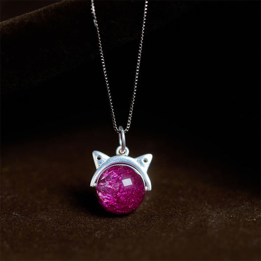 Buddhist Blessing 925 Sterling Silver Natural Deep Purple Fireworks Super Seven Crystal Cat Necklace Pendant