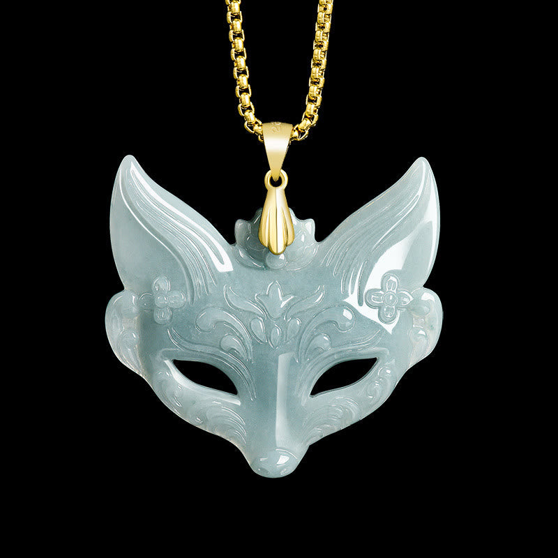 Buddhist Blessing Fox Mask Jade Titanium Steel Necklace Luck Pendant