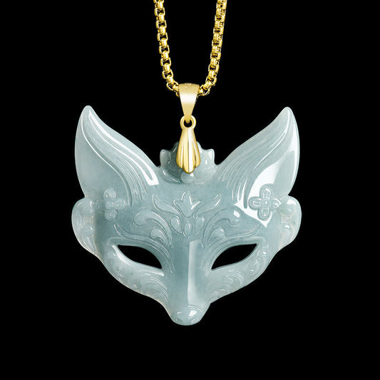 Buddhist Blessing Fox Mask Jade Titanium Steel Necklace Luck Pendant