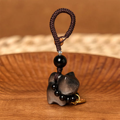 Buddhist Blessing Silver Sheen Obsidian Black Obsidian Gold Sheen Obsidian Cute Cat Fu Character Protection Key Chain Phone Hanging Decoration