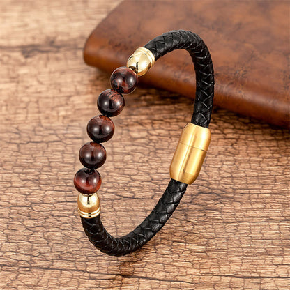 Buddhist Blessing Blue Agate Tiger Eye Lava Rock Black Onyx Lazurite Bead Protection Leather Bracelet