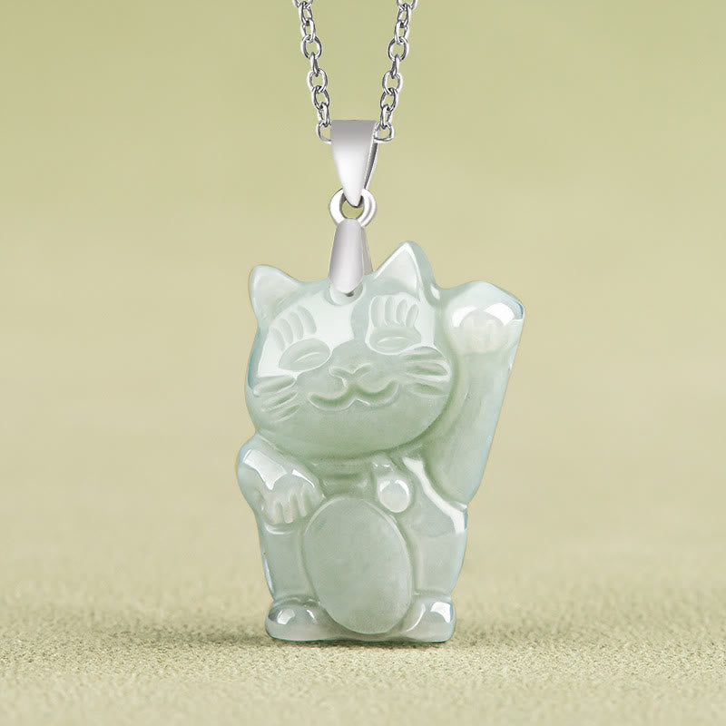 Buddhist Blessing 925 Sterling Silver Jade Fortune Cat Prosperity Necklace Pendant