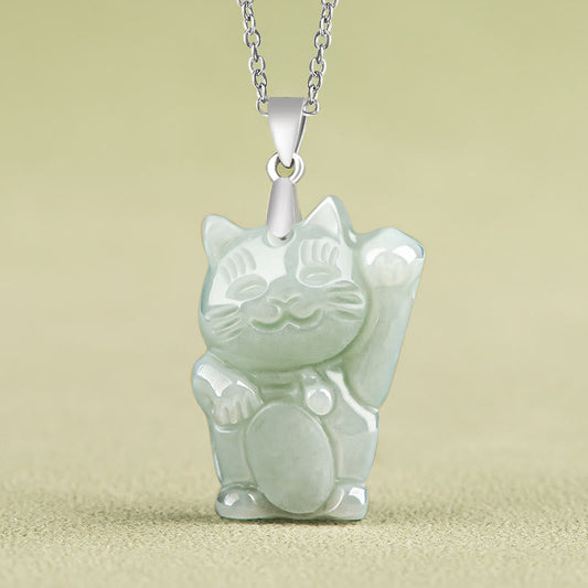 Buddhist Blessing 925 Sterling Silver Jade Fortune Cat Prosperity Necklace Pendant