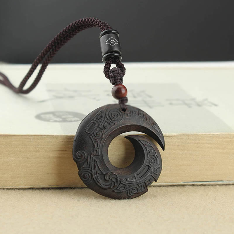 Buddhist Blessing Ebony Wood Sandalwood One's Luck Improves Design Pattern Peace Necklace Pendant