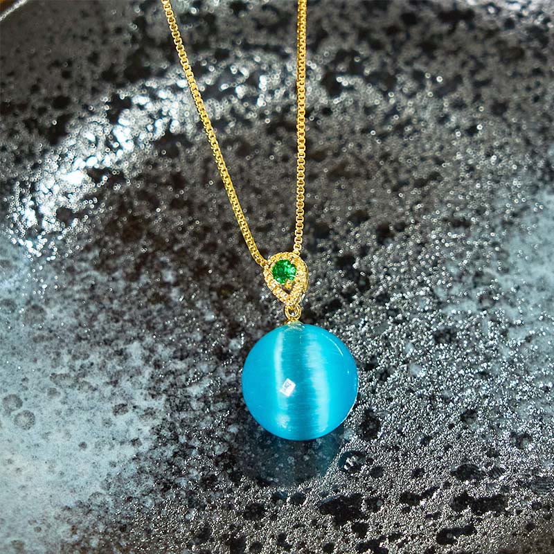 Buddhist Blessing Cat's Eye Round Ball Confidence Necklace Pendant