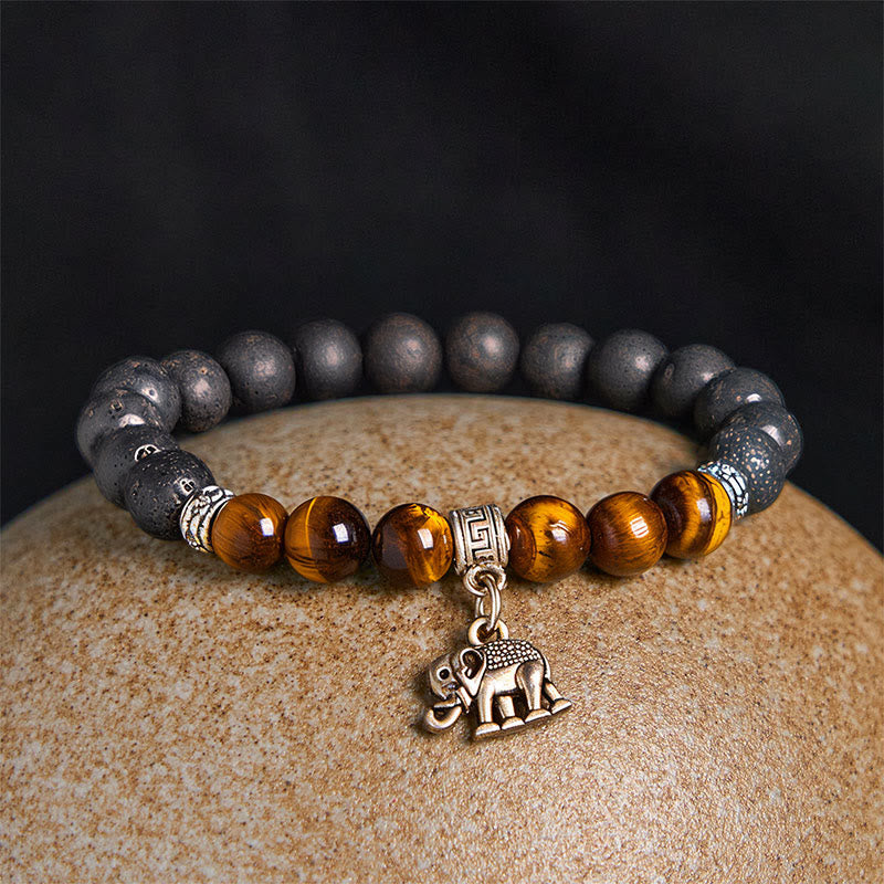 Buddhist Blessing Black Lava Rock Crystal Beads Animal Pattern Healing Bracelet
