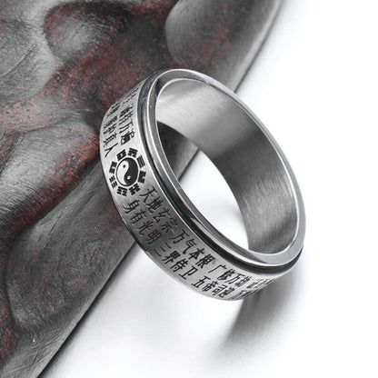 Buddhist Blessing Bagua Yin Yang Chinese Characters Titanium Steel Balance Rotatable Ring