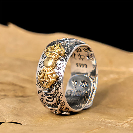 Buddhist Blessing Vintage Om Mani Padme Hum Vajra Copper Plated Silver Balance Ring