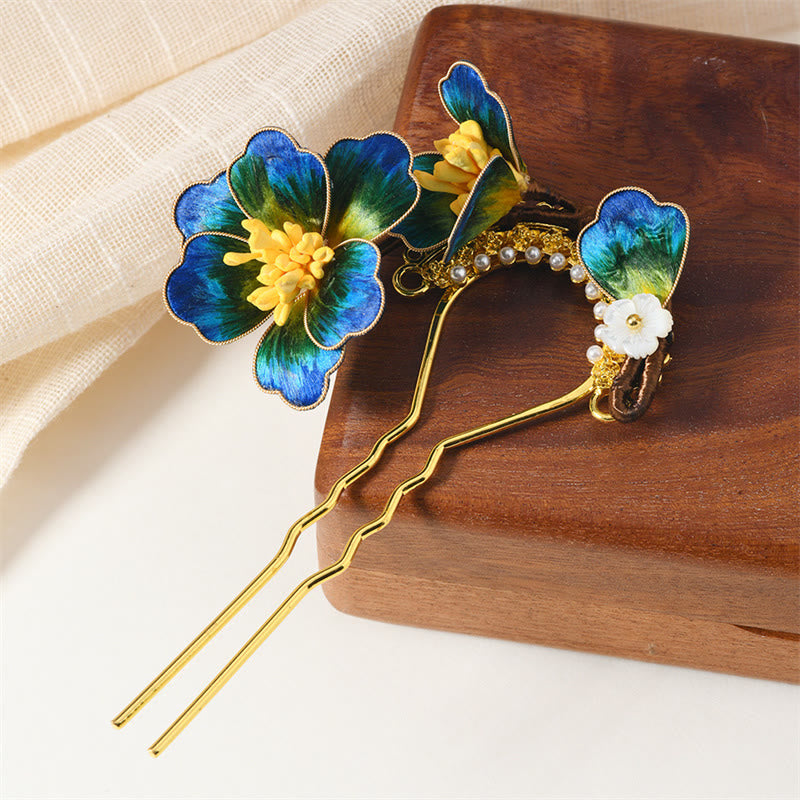 Buddhist Blessing Intangible Cultural Heritage Craft Ebony Wood Silk Flower Butterfly Pearl Blessing Hairpin