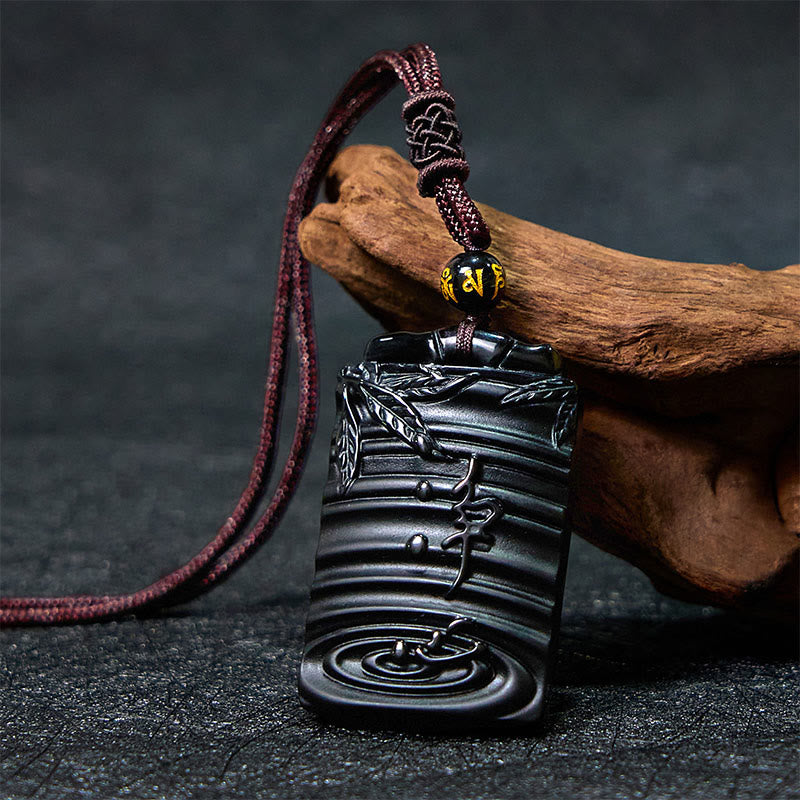 Buddhist Blessing Natural Black Obsidian Bamboo Fulfillment Necklace Pendant