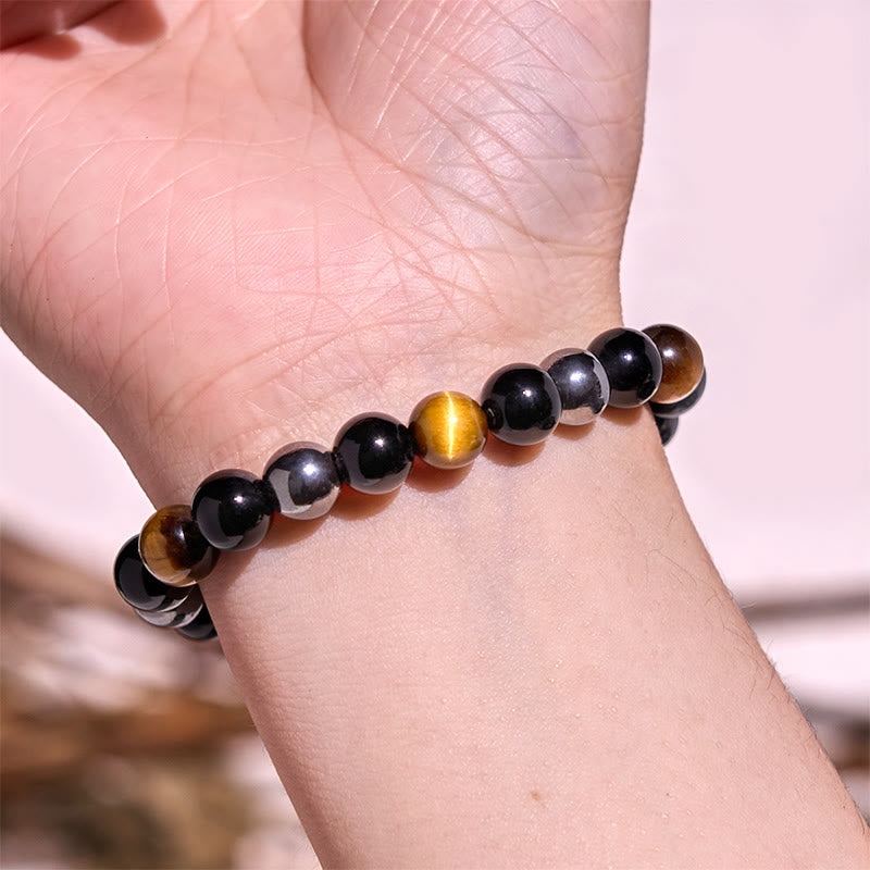 Buddhist Blessing Natural Tiger's Eye Obsidian Hematite Positive Powerful Bracelet