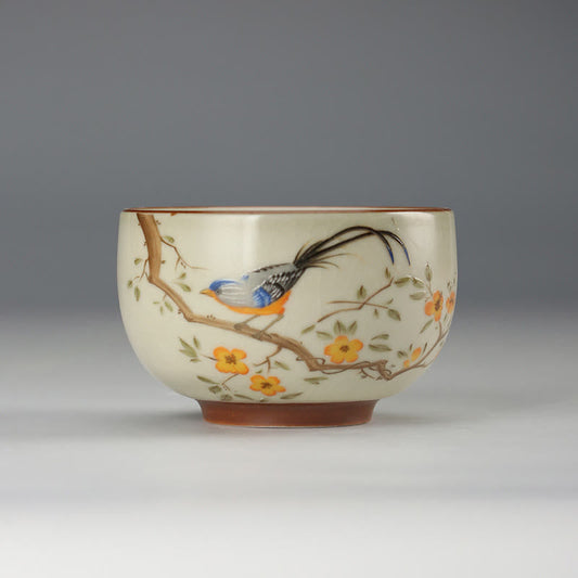 Buddhist Blessing Bird On Branches Copper Coin Teacup Kung Fu Tea Cup