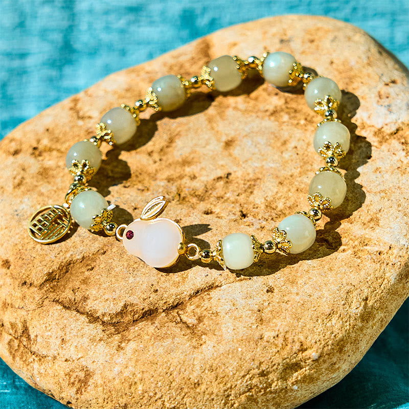 Buddhist Blessing Natural Hetian Jade Fu Character Fu Brand Rabbit Abundance Bracelet