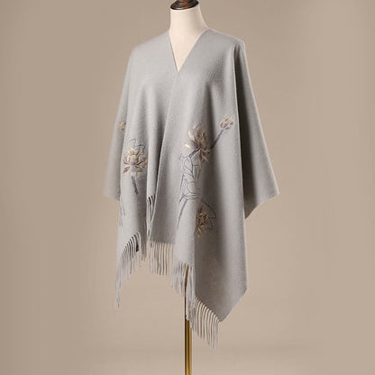 Buddhist Blessing Wool Shawl Lotus Embroidery Tassel Winter Cozy Travel Scarf Wrap