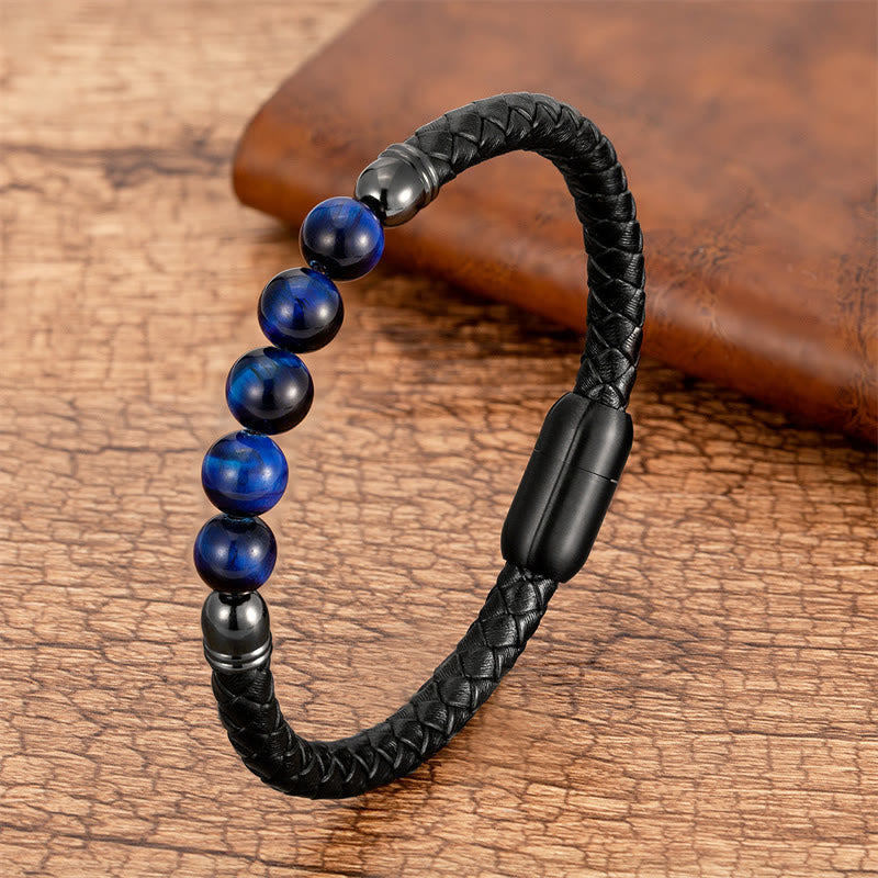Buddhist Blessing Blue Agate Tiger Eye Lava Rock Black Onyx Lazurite Bead Protection Leather Bracelet