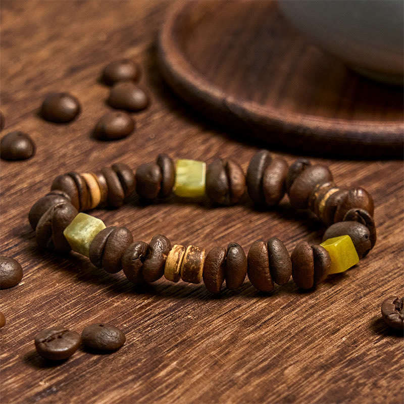 Buddhist Blessing Handmade Natural Coffee Beans Coconut Shell Square Jade Positive Bracelet