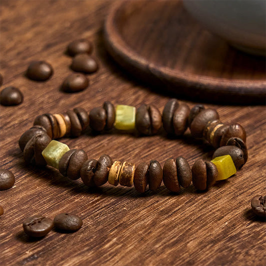 Buddhist Blessing Handmade Natural Coffee Beans Coconut Shell Square Jade Positive Bracelet