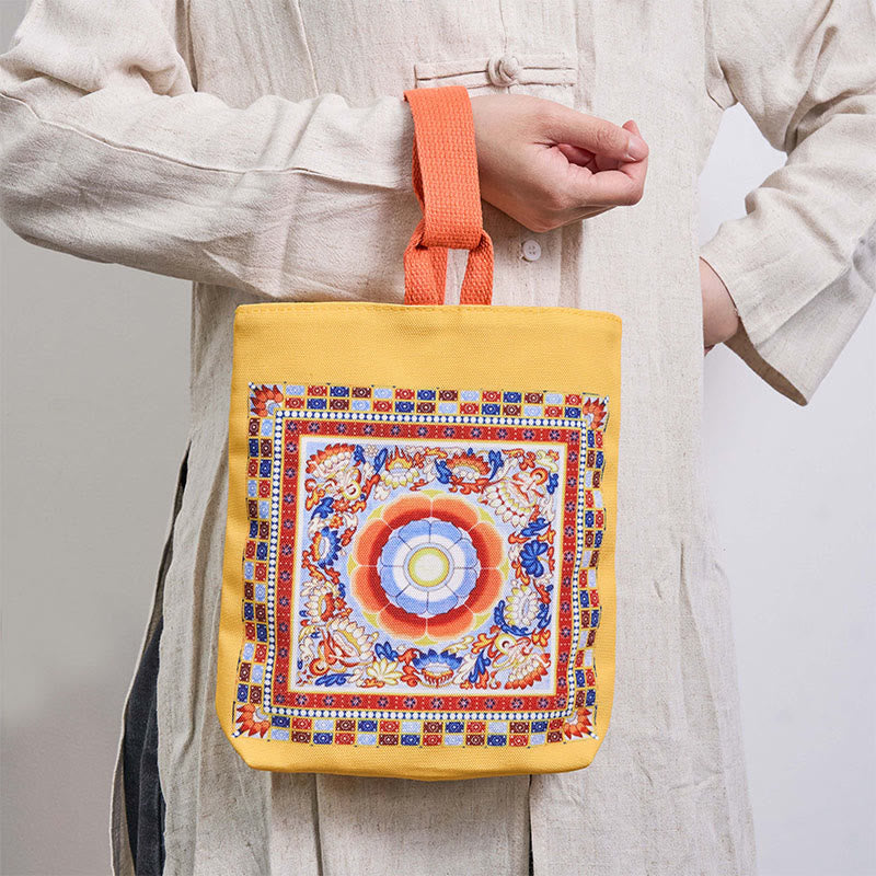 Buddhist Blessing Dunhuang Flying Apsaras Lotus Buddha Statues Canvas Handbag