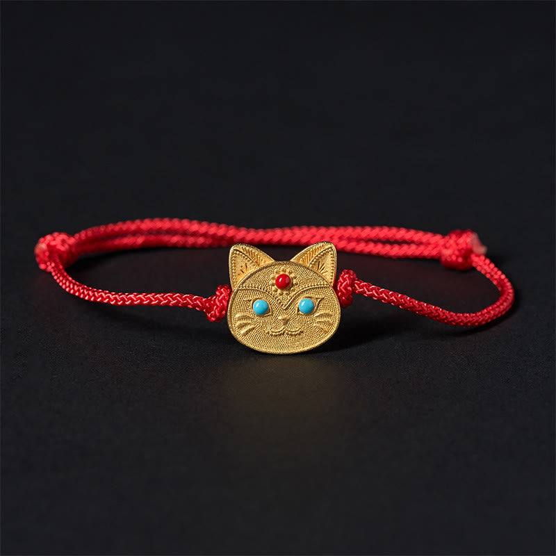 Buddhist Blessing 925 Sterling Silver Cat Red String Bracelet