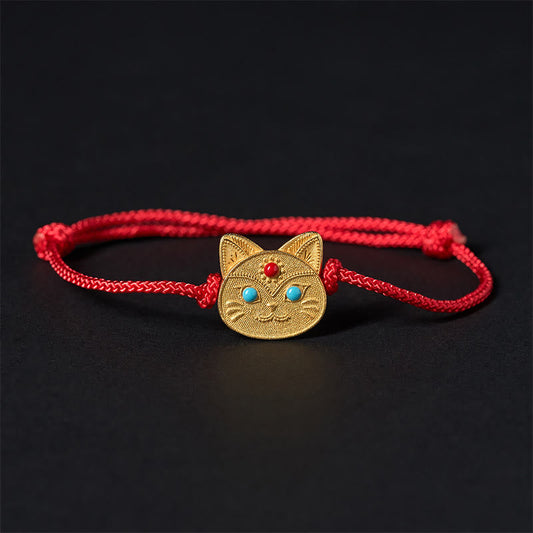 Buddhist Blessing 925 Sterling Silver Cat Red String Bracelet