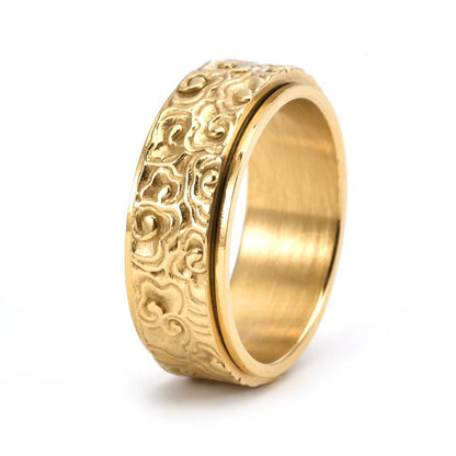 Buddhist Blessing Auspicious Clouds Pattern Carved Titanium Steel Balance Rotatable Ring