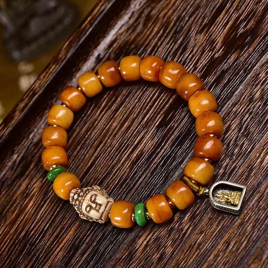 Buddhist Blessing Natural Tibetan Camel Bone Barrel Beads Buddha Head Luck Protection Bracelet